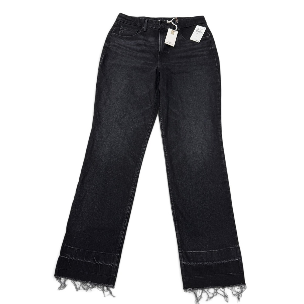 Good American Good Icon High Rise Straight Leg Jeans Black Frayed Hem 10/30 NWT